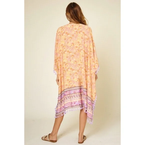 Lavender Paisley Printed Kimono Bohemian Cardigan w/ Tassels Fringe - Picture 5 of 6